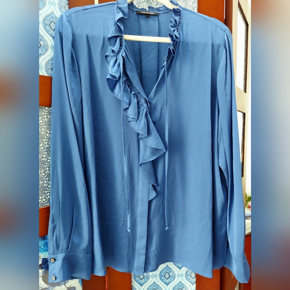Kobi Halperin Blouse, Size XL, Silk, Sapphire Blue, Ruffle Accent